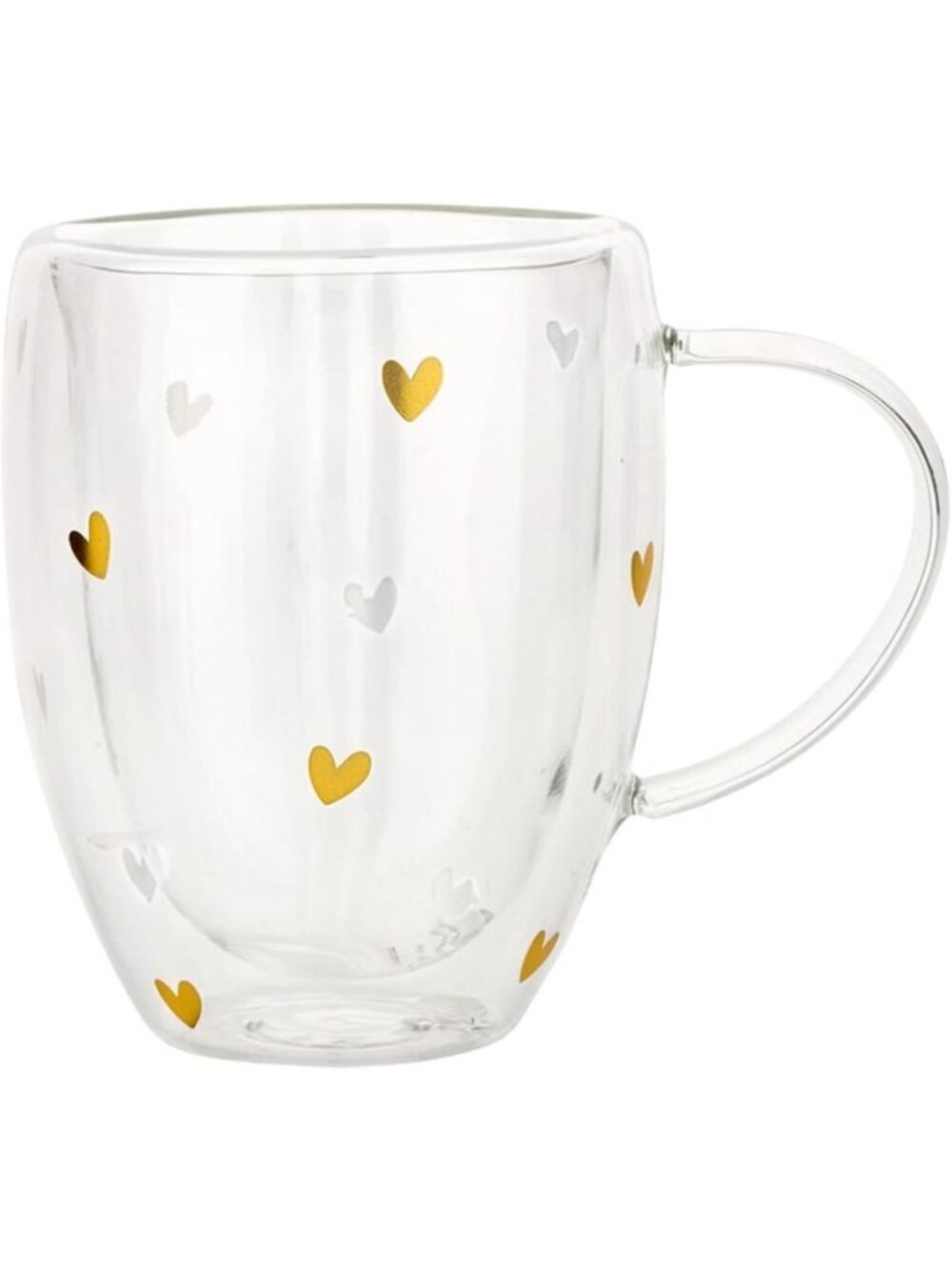 Insulated Double Walled Glass Coffee Mug - 12oz Tea Cup with Gold Hearts Design